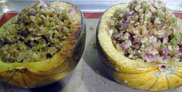Pumpkin halves stuffed and ready for the oven.