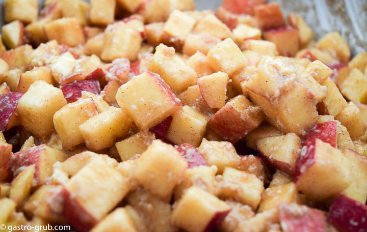 Diced apples tossed with sugar, flour, butter, and spices.