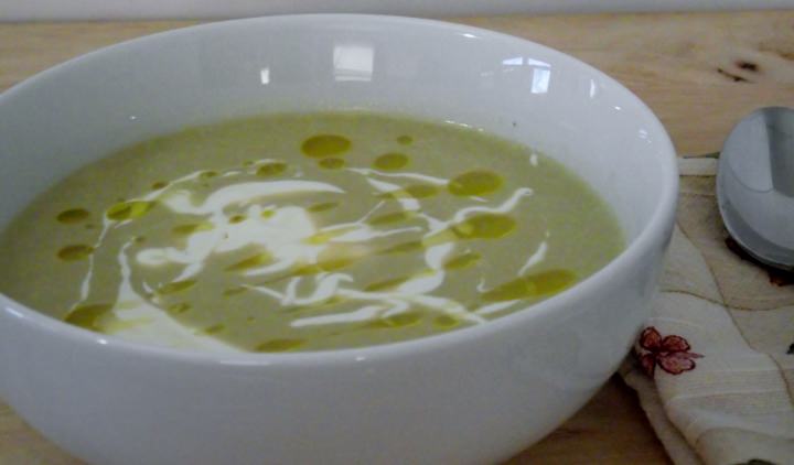 Asparagus soup with creme fraiche and extra virgin olive oil.
