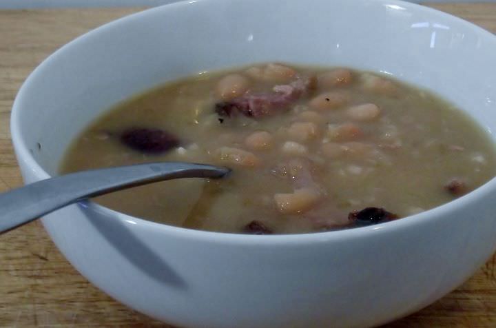 Baked bean soup with smoked ham hocks.