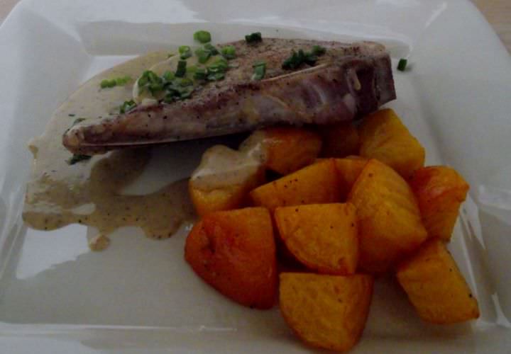 Seared brined pork chops, with a pan veloute, and sauteed golden beets.