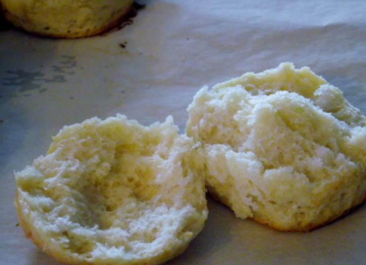 A biscuit broken open to show the texture.