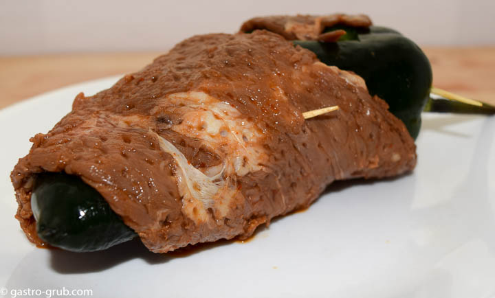 The chile relleno wrapped with the flank steak.