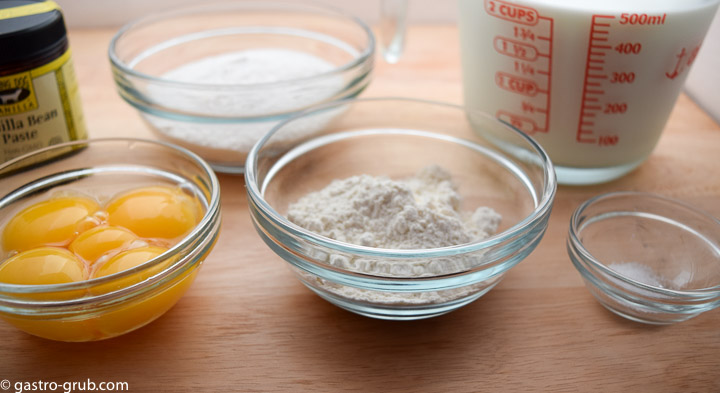 Ingredients for pastry cream: eggs, vanilla paste, sugar,flour milk, and salt.
