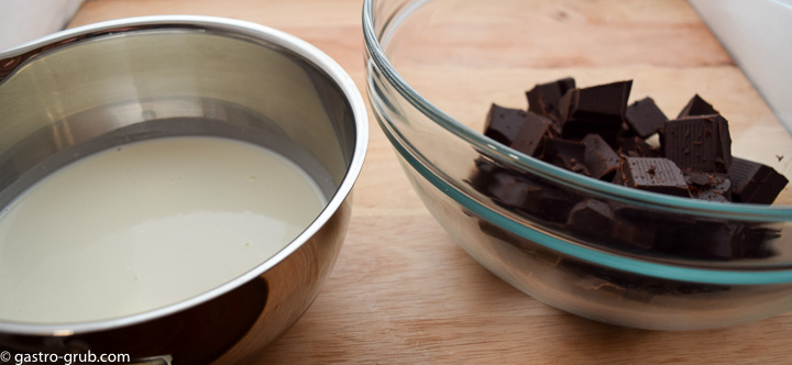 Ingredients for ganache: cream and chocolate.