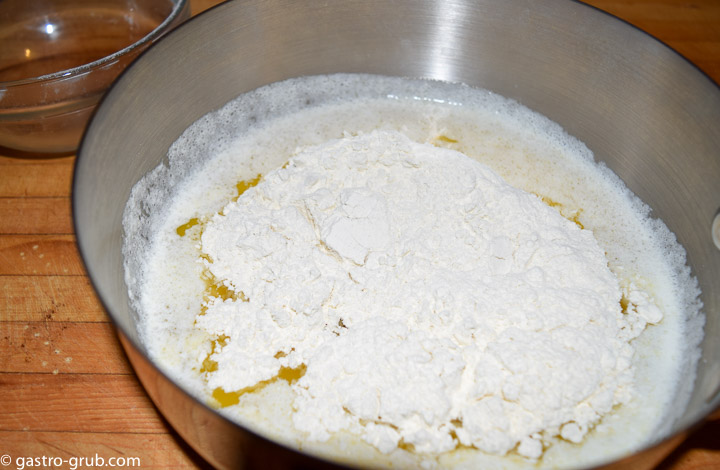 For the pastry shells off-heat add all of the flour at once.