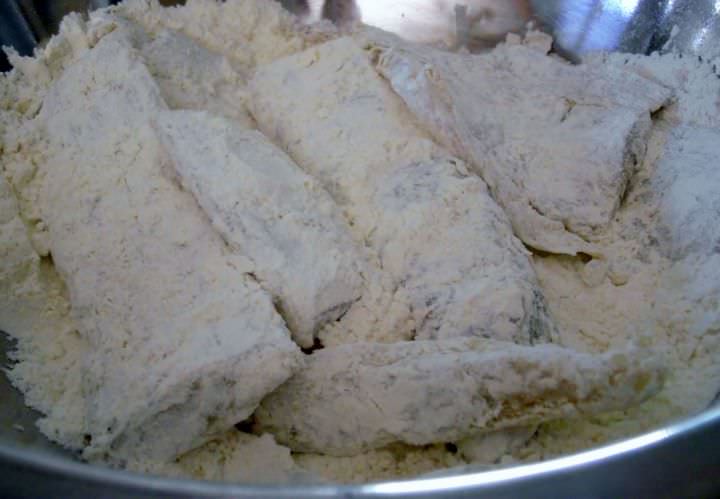 Salt cod filets dredged in flour.