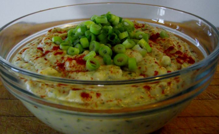 Vegan Hummus in a bowl with paprika and green onions.