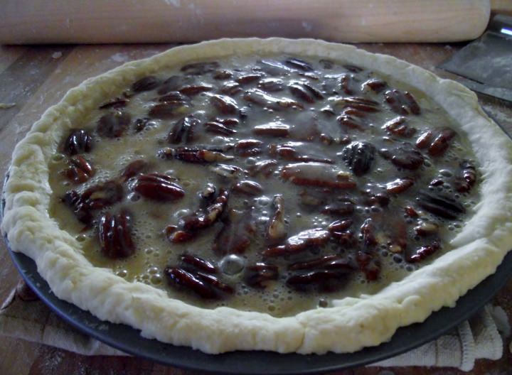 Pecan pie ready for the oven.