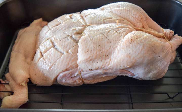 The duck in the roasting pan.