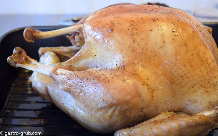 Roast turkey resting in the roasting pan.