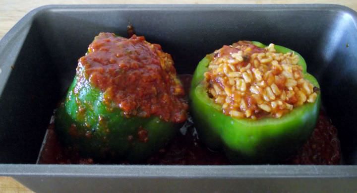 Building the stuffed bell peppers.
