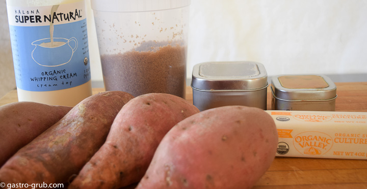 Ingredients for mashed sweet potatoes: Sweet potatoes, butter, cream, brown sugar, cinnamon, and nutmeg.