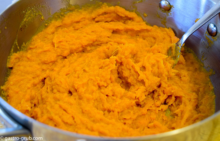 Mashed sweet potatoes in a pot.