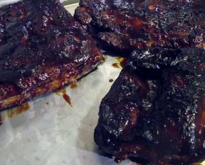 Barbecue pork ribs, hot off the grill.