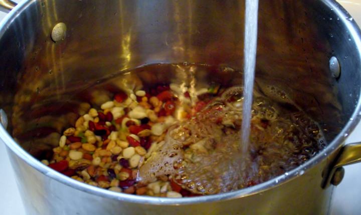 Beans in a pot for soaking.