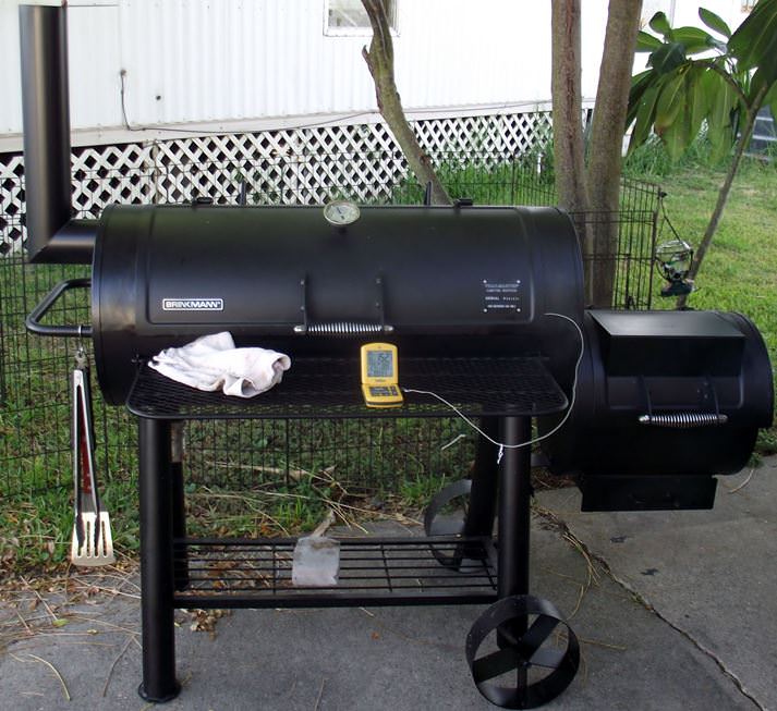 Offset smoker and probe thermometer.