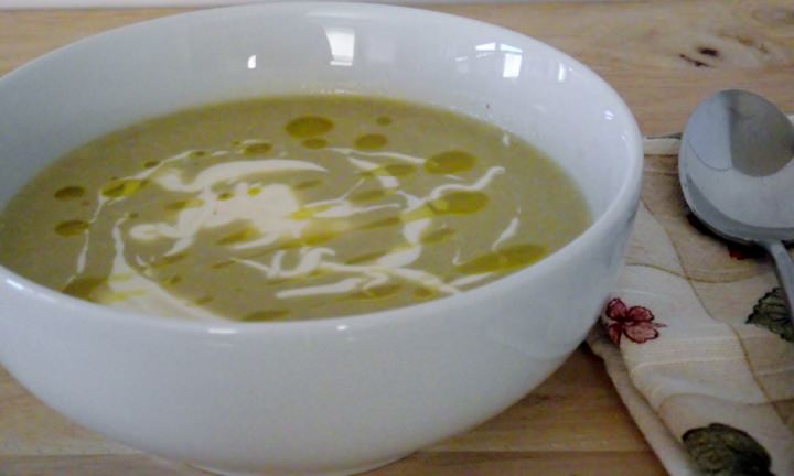 My cream of asparagus soup recipe, with creme fraiche and extra virgin olive oil.