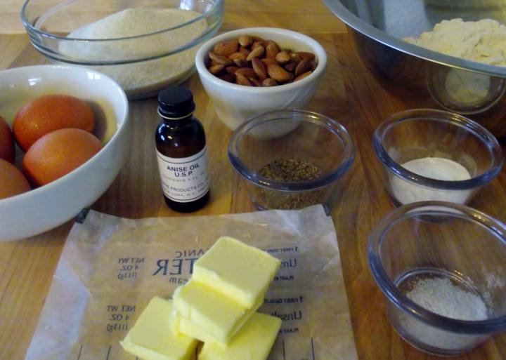 Ingredients for anise and almond biscotti.