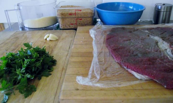 Round steak after pounding out to a quarter inch thick.