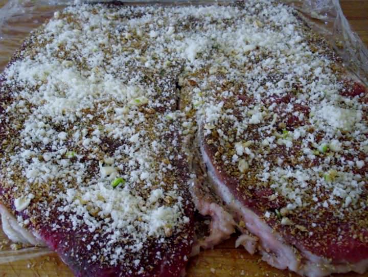 Round steak with garlic, pecorino cheese, and bread crumbs.