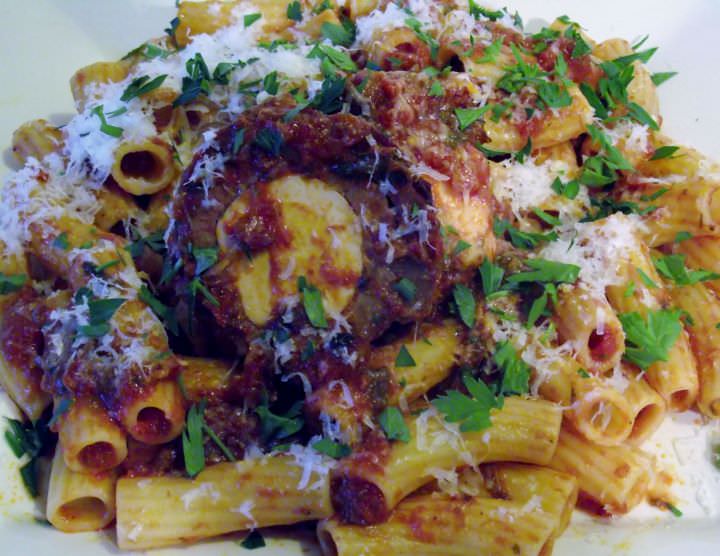 Braciole and pasta with pecorino cheese.