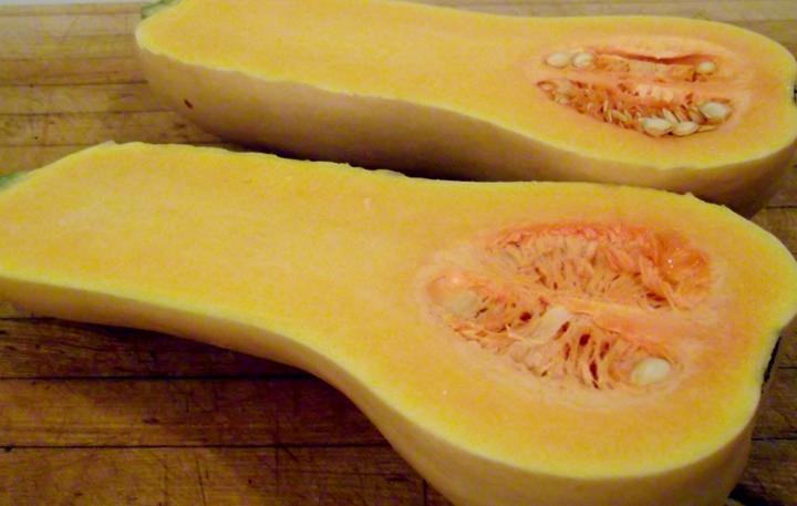 Butternut squash cut in half.