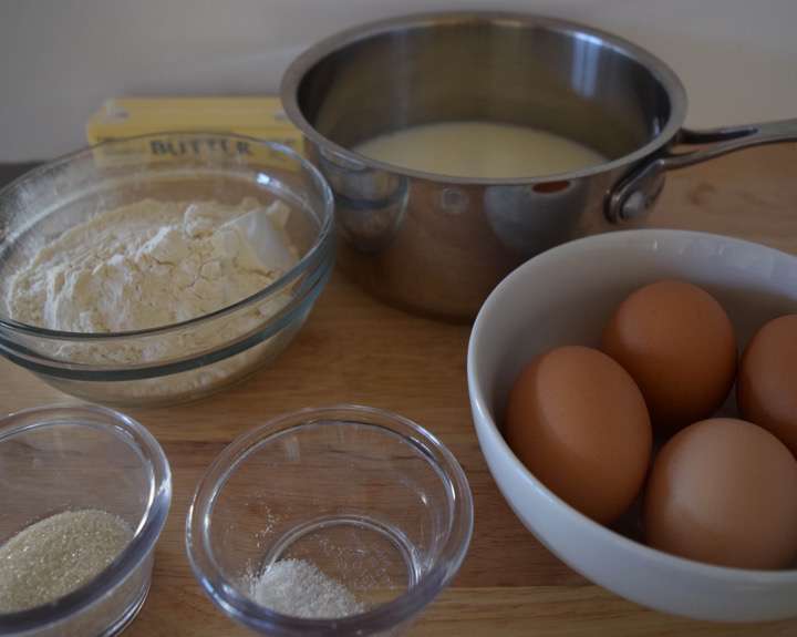 Ingredients for churros: butter, water, milk, flour, sugar, salt, and eggs.