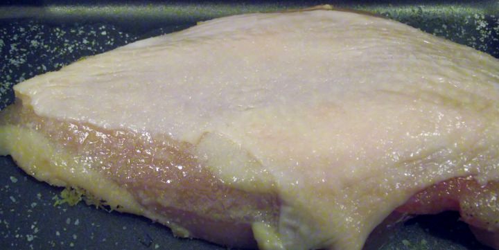 Chicken breast ready to cure. Notice there is only salt on the skin, no pepper or lemon zest.