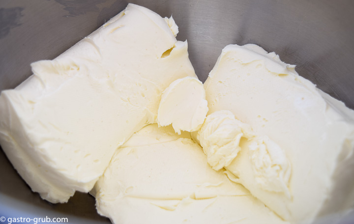 Cream cheese in a mixing bowl.