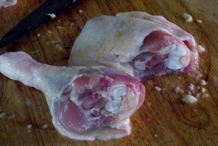 The thigh and leg of the chicken, separated.