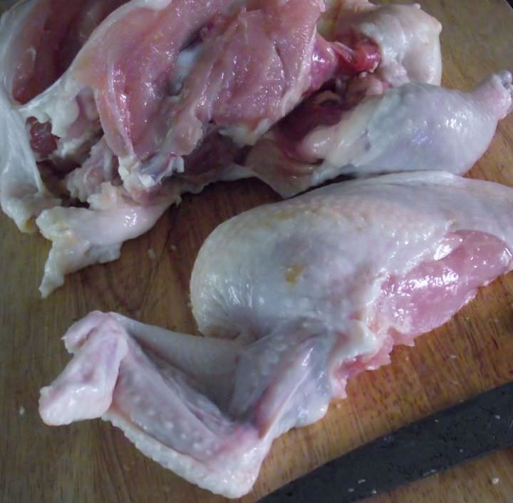 Chicken with the breast and wing removed.
