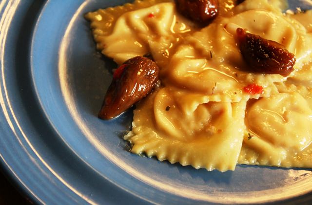 Roasted Red Pepper and Goat Cheese Ravioli in a Fig and White Balsamic Sauce