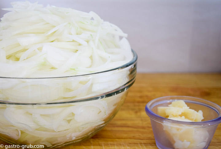 Onions and duck fat for French onion soup.