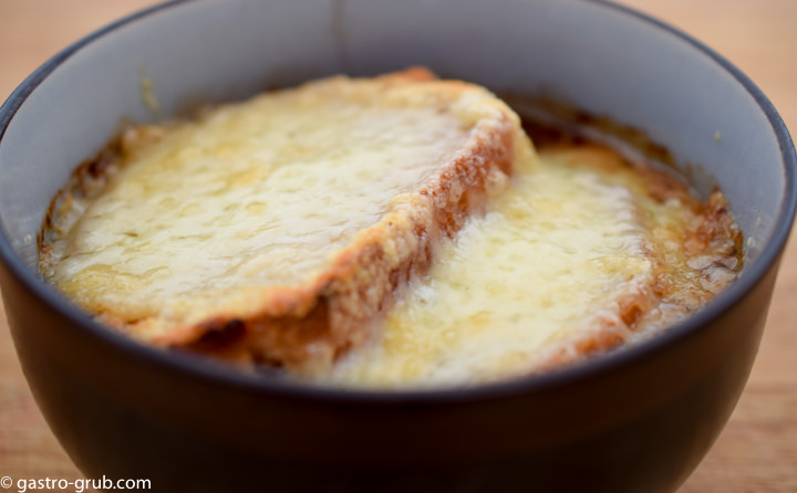 French onion soup in a bowl.