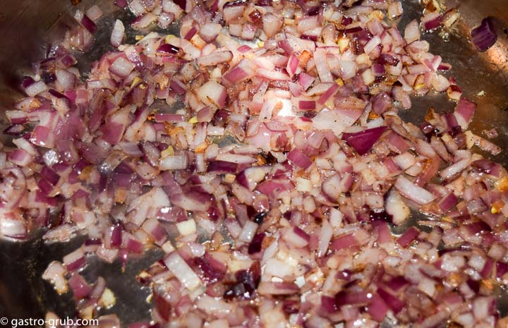 Begin by sweating the onion and garlic. Begin by sweating the onion and garlic.