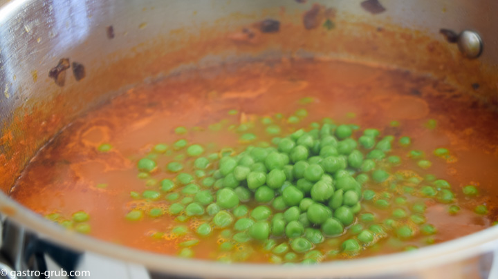 Add the peas, stir, and add the eggs, one at a time.