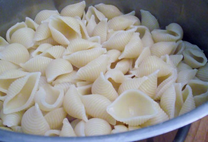 Shell pasta in a colander.