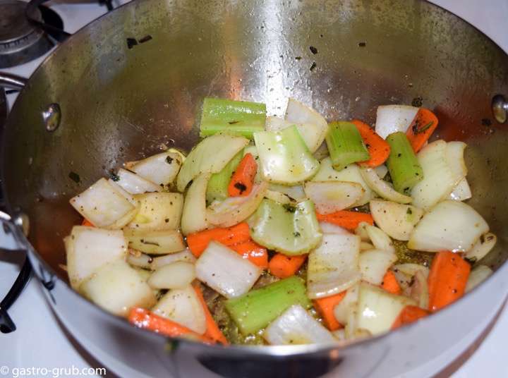 Caramelizing the mirepoix.