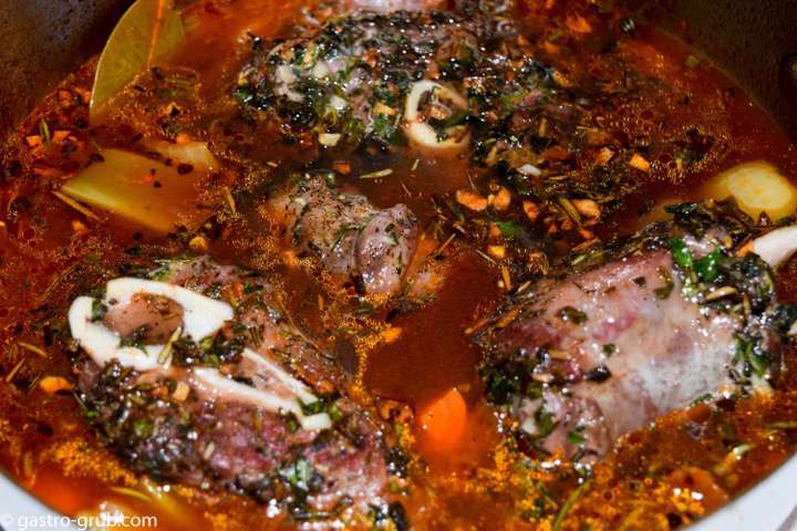 Osso buco braise ready for the oven.