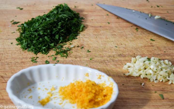 Ingredients for gremolada: parsley, lemon zest, garlic, and salt.