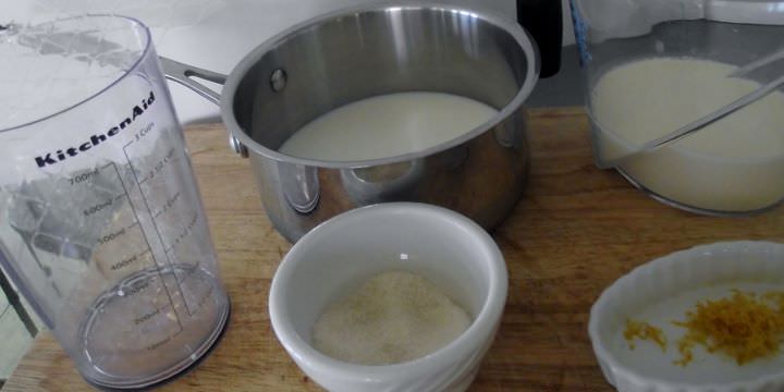 Ingredients for panna cotta: milk, sugar, lemon zest, gelatin sheets, and cream.
