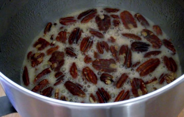 Pecan pie filling in mixer bowl.