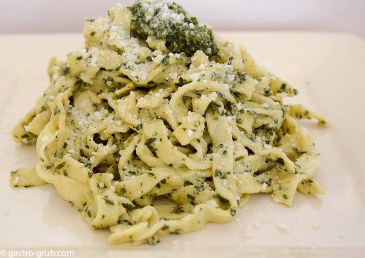 Fettuccine with basil pesto and ricotta.