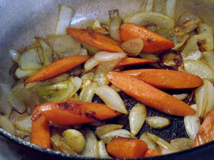 Sauteeing the celery, carrot, and onion for Yankee pot roast.