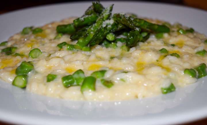 Asparagus risotto on a plate.