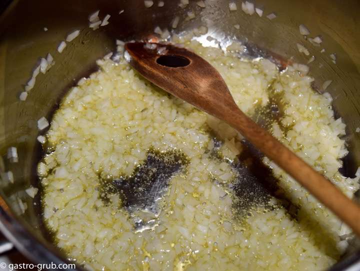 Sweating onions for the risotto.