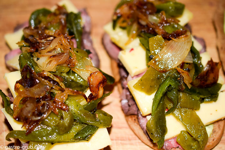 Adding the roasted peppers and caramelized onion.