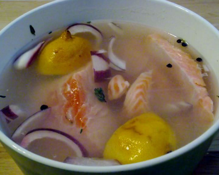 Salmon soaking in brine.