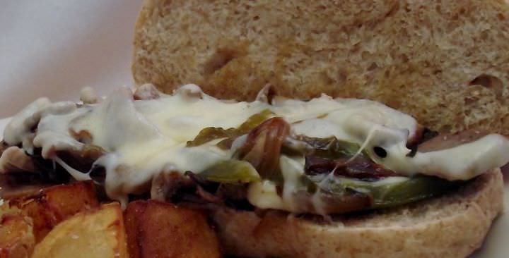 Cheese steak sandwich, up close.